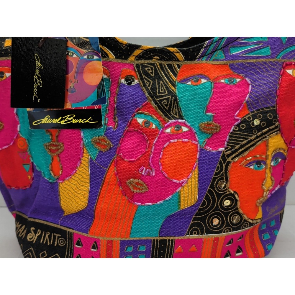 Laurel Burch Woman Spirit Small Colorful Tote Bag Beaded OpArt Abstract Geometri - Picture 2 of 11